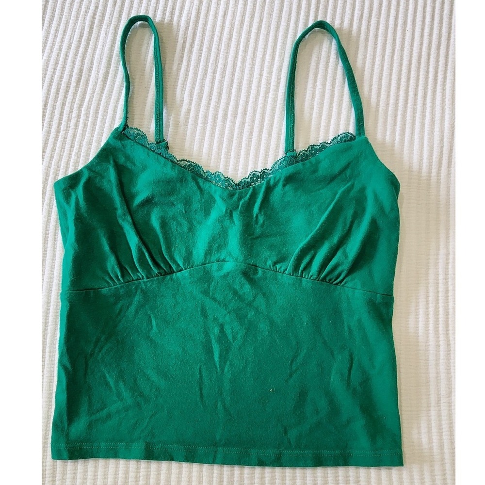 Hollister Womens Green Lace Trim Ruched Cami Top Small Emerald Adjustable Strap